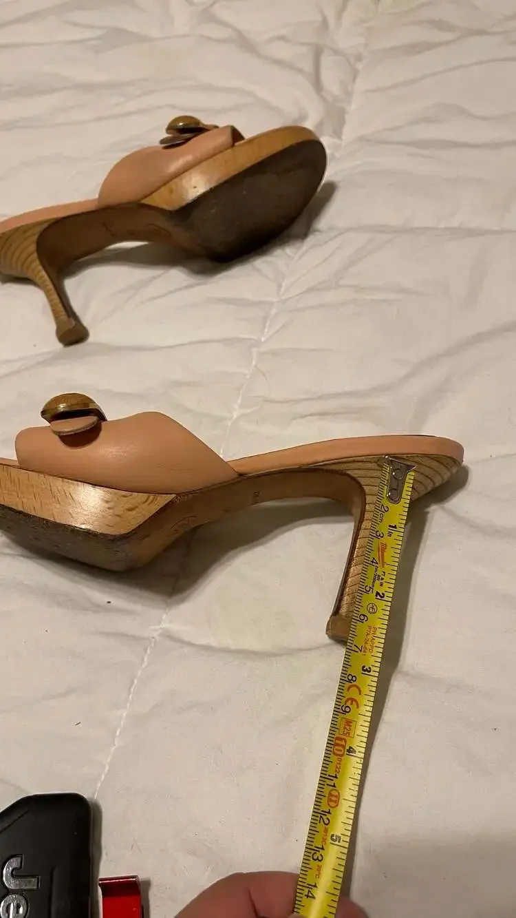 Chanel Vintage Tan Leather Wooden Platform Mules with CC Buckle Heels Size 34